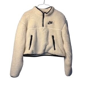 NIKE Sherpa Fleece Pullover White 1/4 Zip Cropped Jacket CJ6282-110 Women Medium